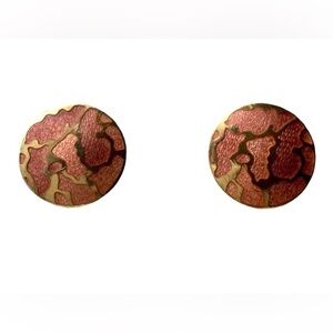 Vintage SITI Cloisonné Earrings Round Pink Leopard Enamel Gold Women’s Jewelry